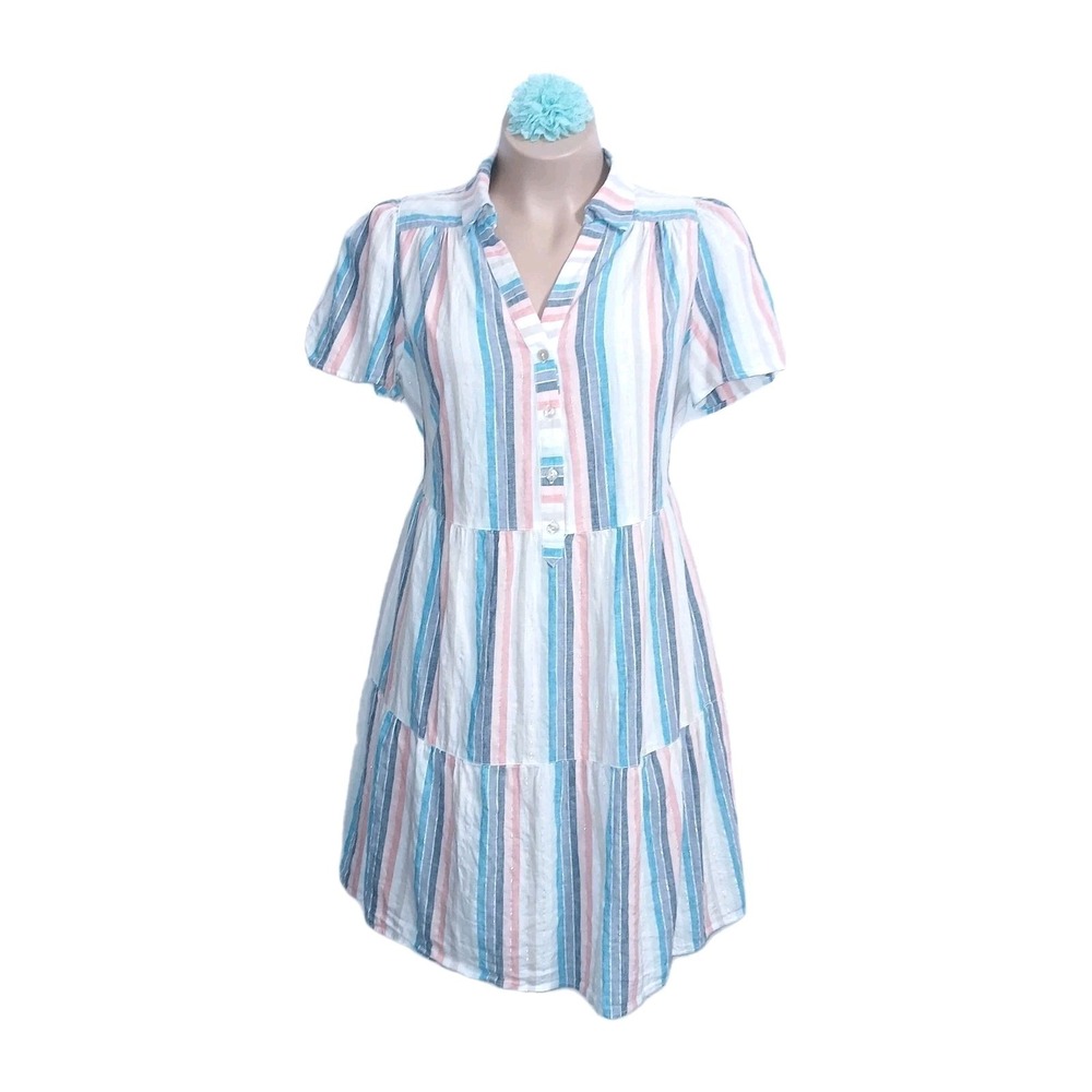London Times Women Linen Blend Tiered Dress 1X Multi Striped Boho Beachy Babydol